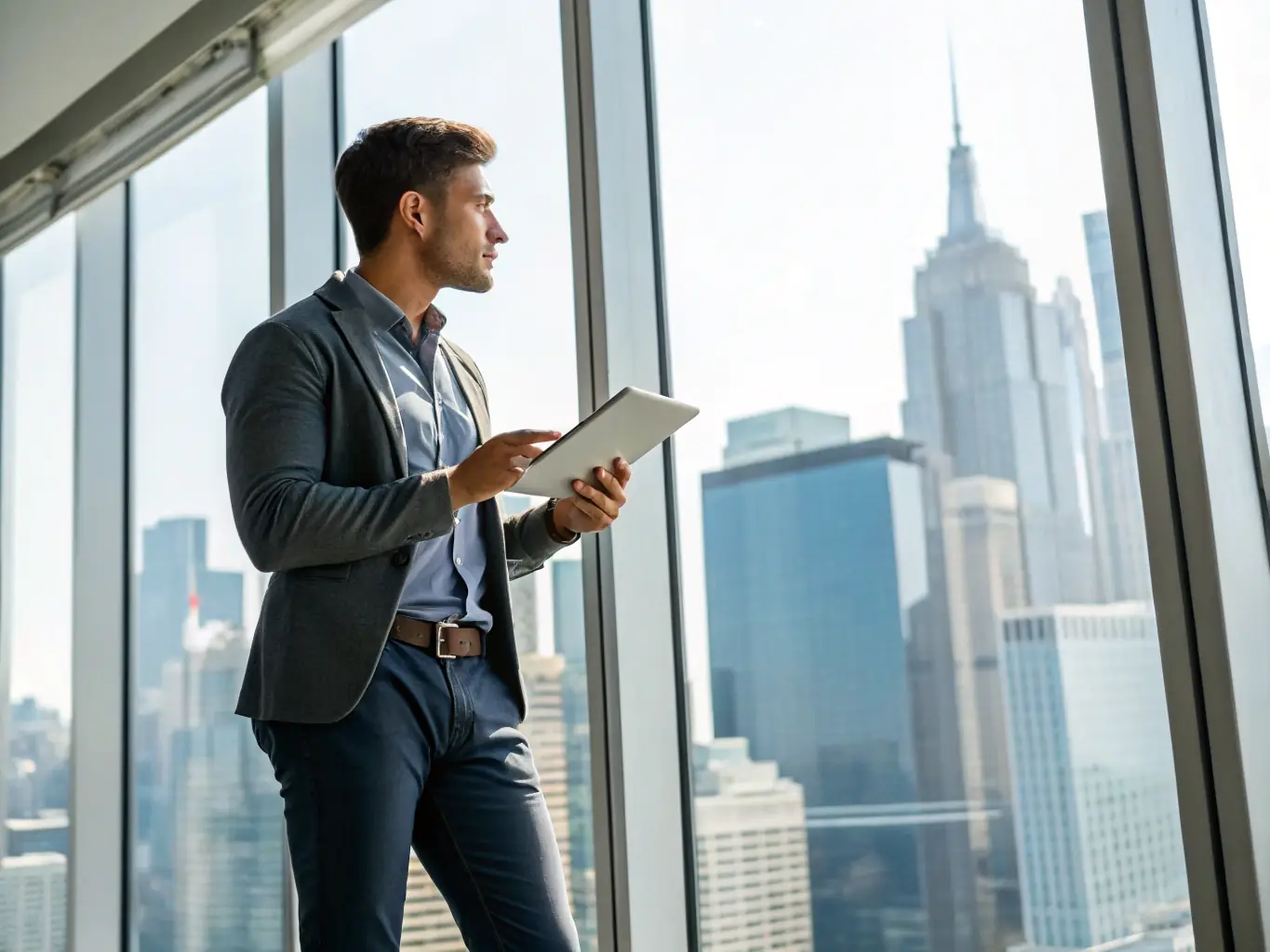 A professional businessman in a suit, confidently presenting a financial report in a modern office setting, symbolizing business news.