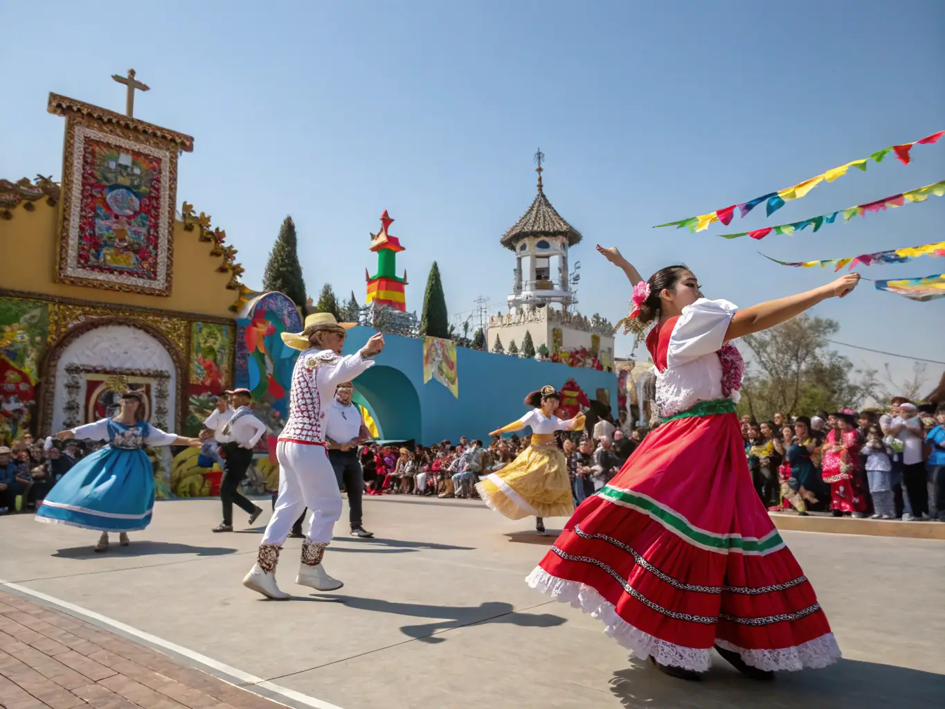 A vibrant scene of a cultural festival with diverse participants, showcasing artistic expression and community engagement.