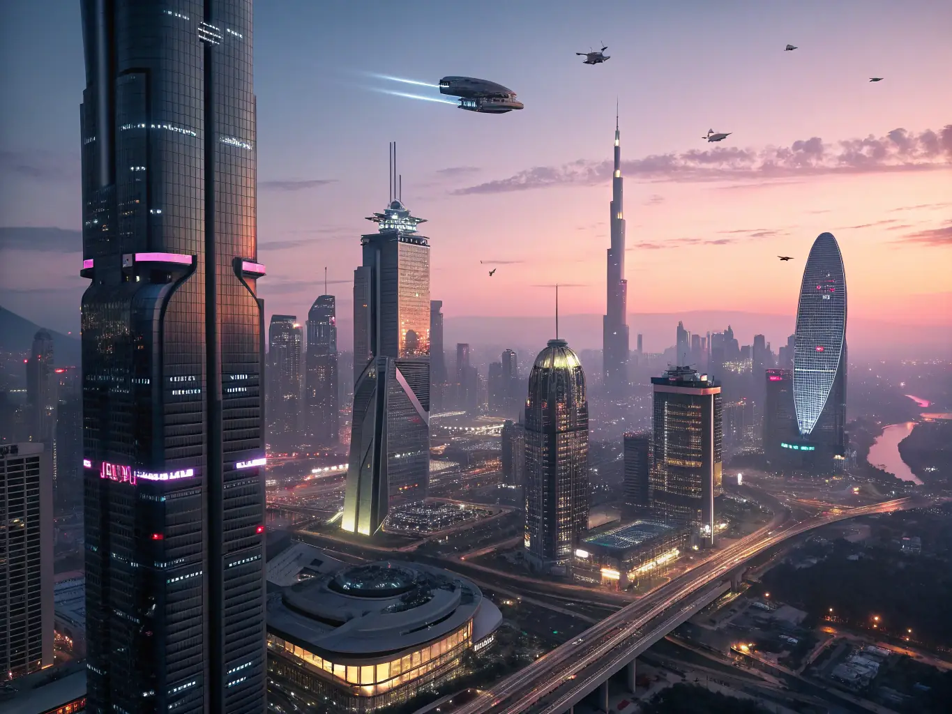 A futuristic cityscape with interconnected digital networks, representing technological advancements and innovation.